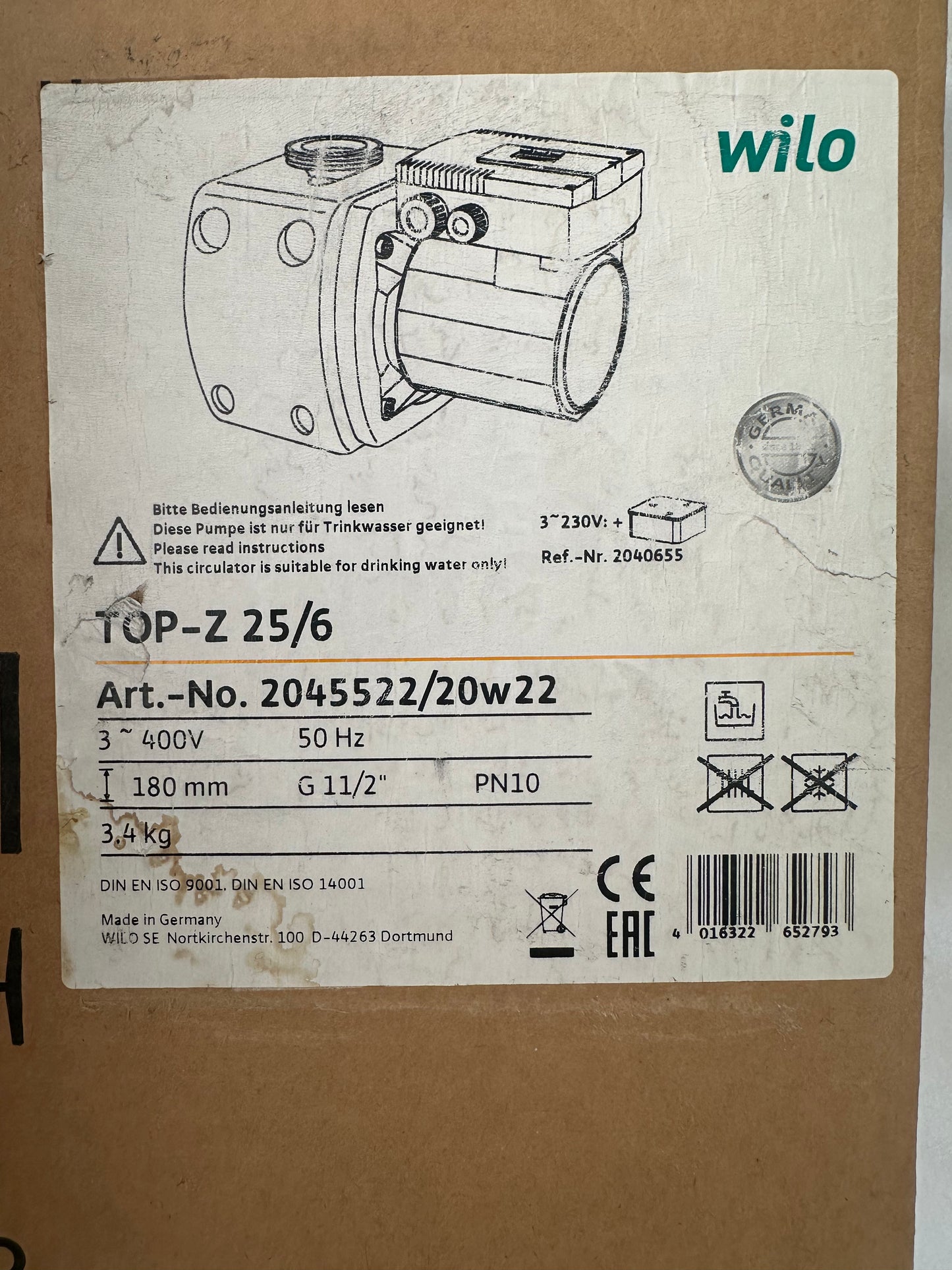 Circulateur Wilo TOP‑Z 25/6 – DN 25, 230 V, 180 mm – Neuf déstockage sans emballage