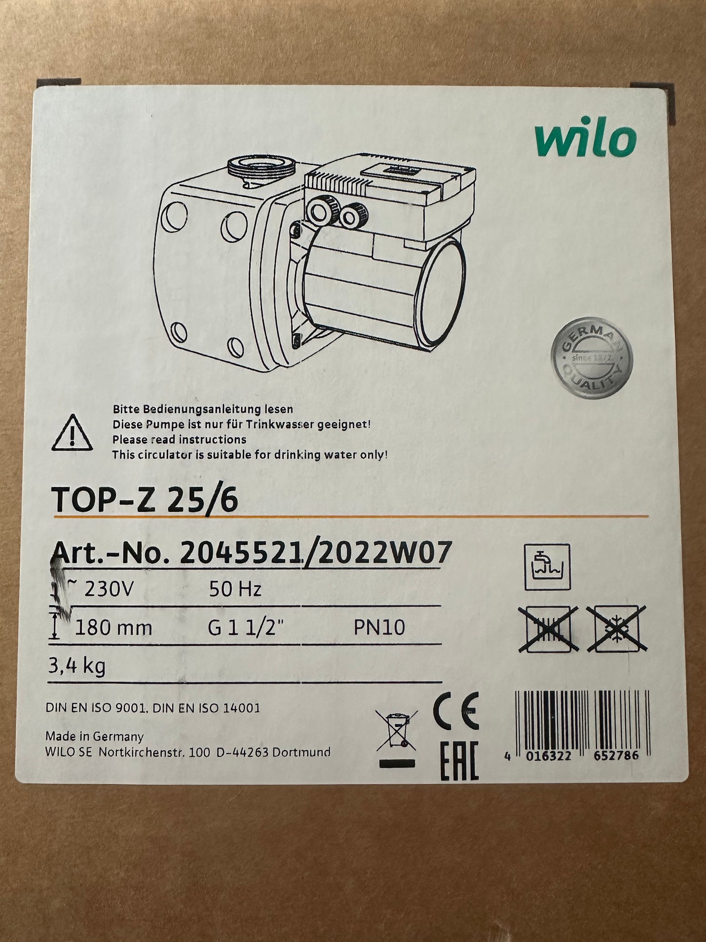 wilo top-z 25/6 - circulateur pompe chauffage / ecs - réf. 2045521 - neuf