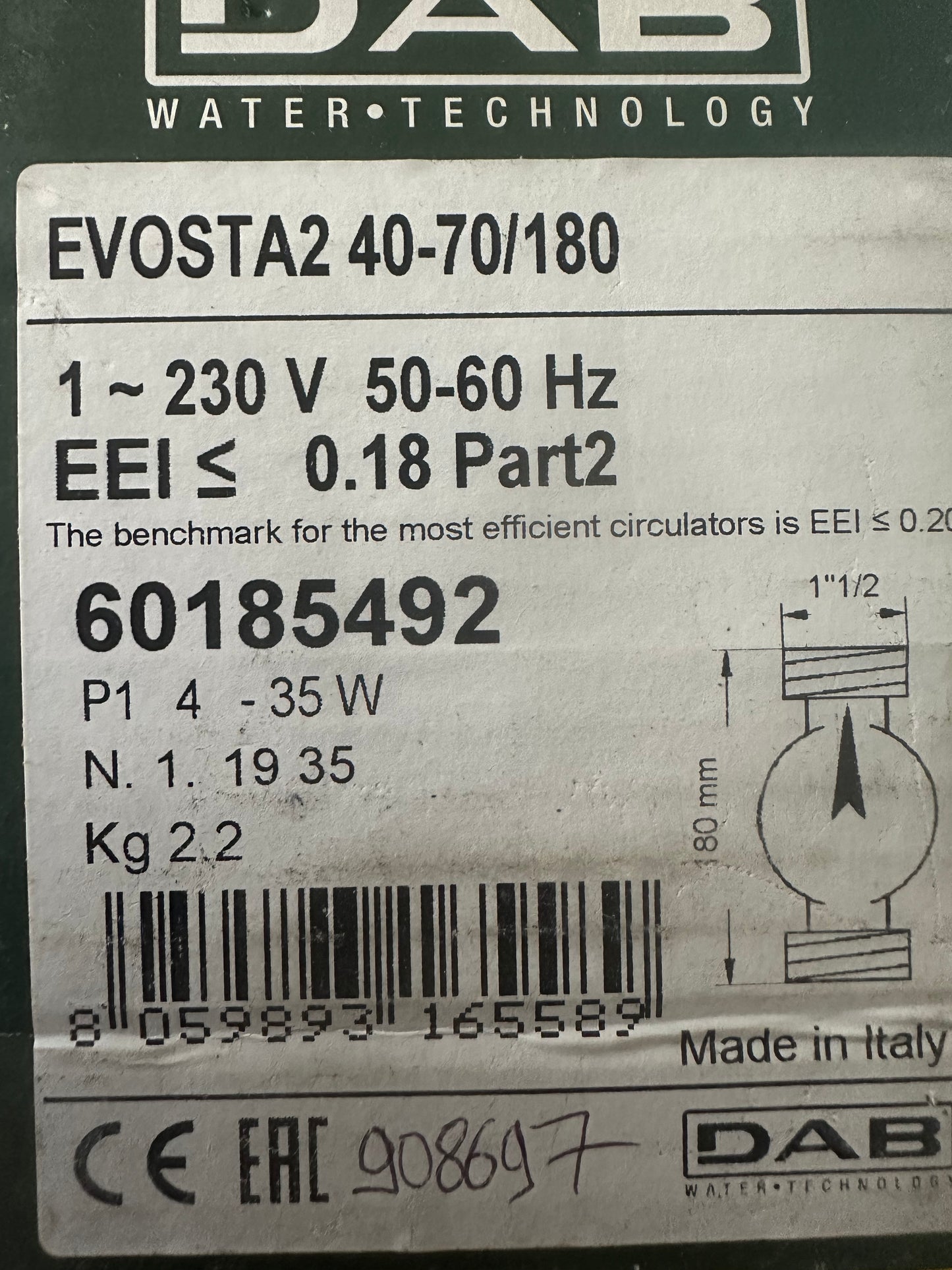 DAB Evosta2 40-70 180 – Circulateur électronique DN25 entraxe 180 mm – Réf. 60185492