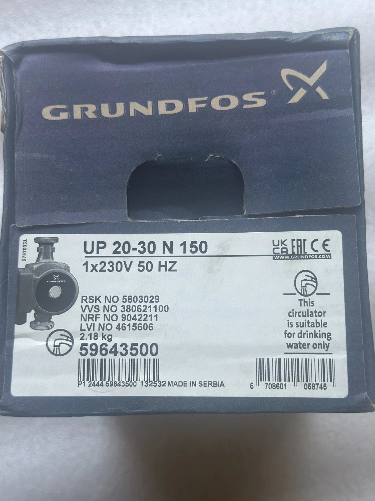 Circulateur Grundfos UP 20-30 N 150 59643500 Pompe Eau Chaude Sanitaire Neuf