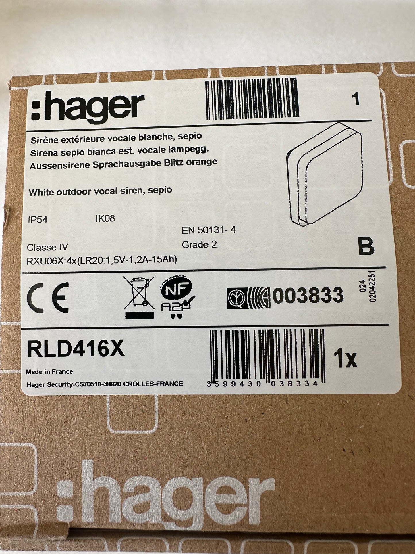 Hager Sepio RLD416X – Sirène extérieure vocale – Alarme sans fil – Neuve déstockage