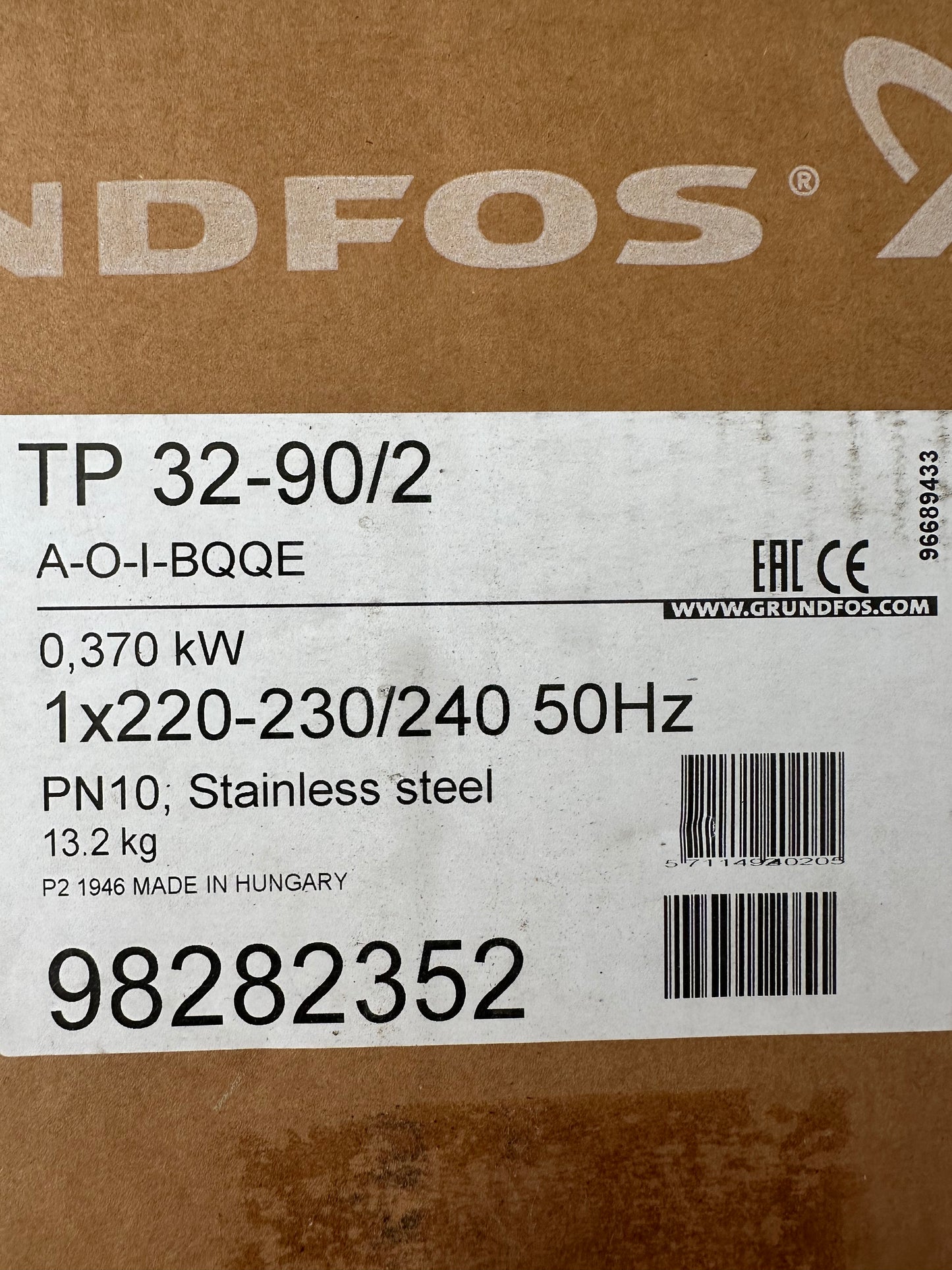 Grundfos TP 32-90/2 – Circulateur inox 180 mm – 230V – Déstockage neuf