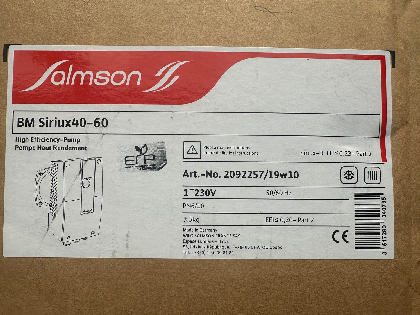 Salmson BM SIRIUX 40-60 – Bloc-moteur circulateur – Réf. 2092257 – Neuf déstockage