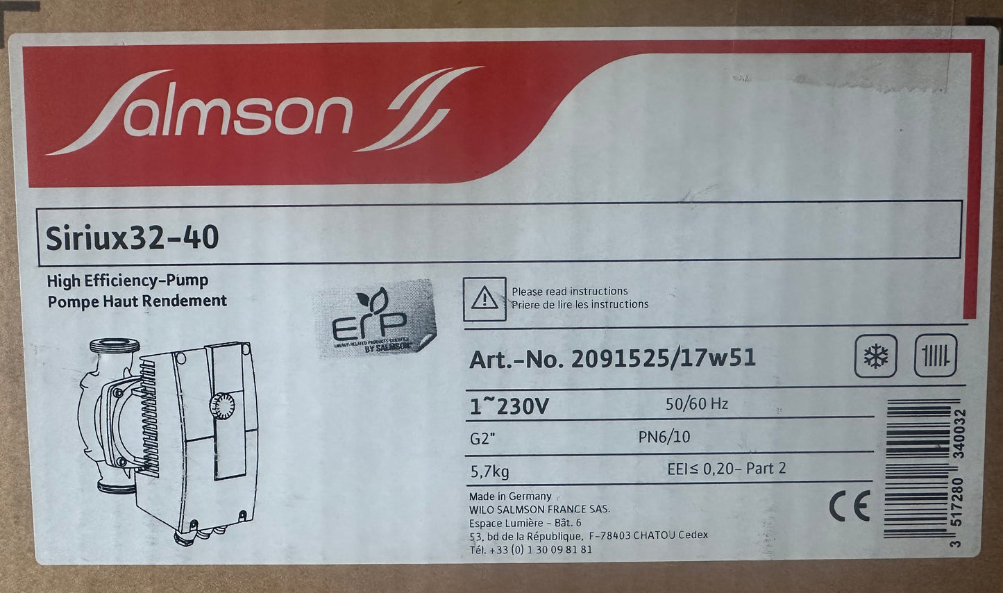 circulateur salmson siriux 32-40 2091525 – pompe de chauffage 230v entraxe 180 – neuf déstockage