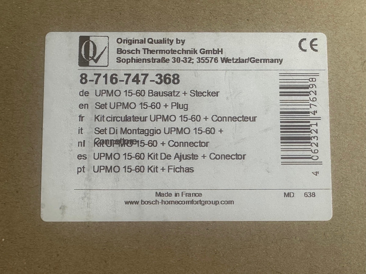 Bosch 8716747368 kit circulateur UPMO 15-60 étiquette EAN 4062321476298