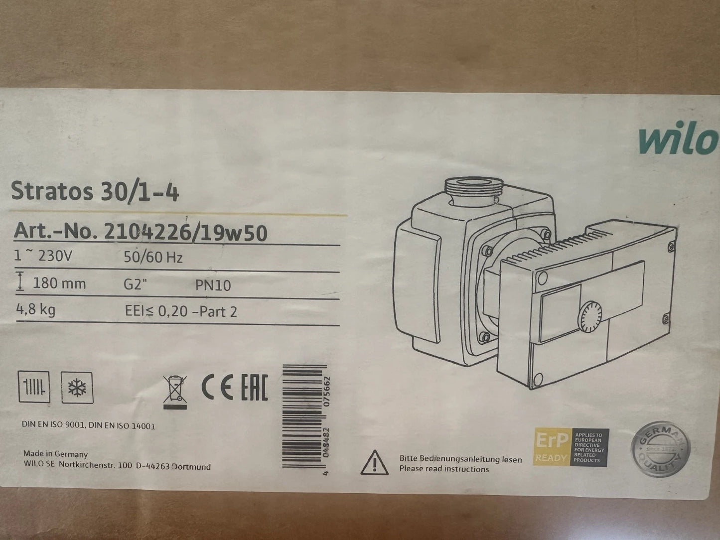 Circulateur Wilo Stratos 30/1-4 2104226 DN30 180 mm Pompe Haute Efficacité Neuf